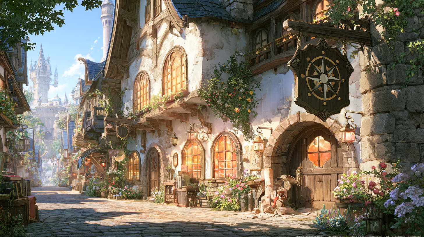 花とランタンに囲まれたRPG世界変換ギルドの建物