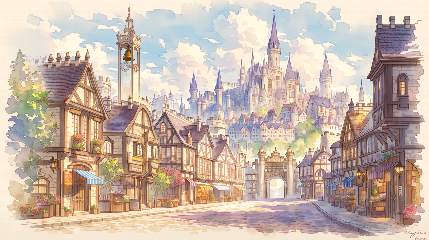 王城と鐘楼が見える、RPG世界変換ギルドのあるファンタジーの街並み